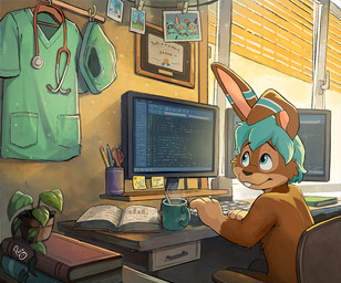 anthro blue_eyes blue_hair book brown_body brown_fur chair cheek_tuft computer_keyboard computer_screen container cup facial_tuft fur furniture glistening glistening_eyes gloves_(marking) hair inside looking_up male markings mouth_closed mug nude office_chair plant plant_pot potted_plant short_hair sitting solo tan_body tan_fur teeth tuft young young_anthro young_male pandapaco lagomorph leporid mammal rabbit