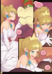 2018 anthro armwear bare_shoulders blonde_hair blue_eyes bowser bulge choker clothing comic duo ear_piercing ear_ring elbow_gloves english_text female gloves hair handwear hi_res human human_focus human_on_anthro interspecies jewelry koopa licking licking_lips lips male male/female mammal mario_bros necklace nintendo norasuko not_furry_focus piercing ponytail princess_peach ring_piercing scalie solo_focus text tongue tongue_out undressing_partner