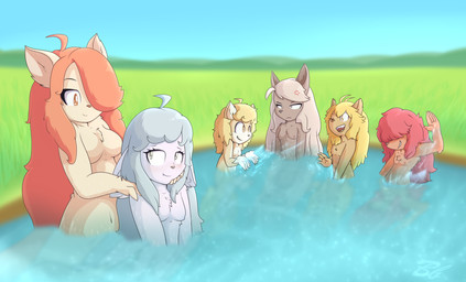 adolescent anthro blonde_hair blue_sky blush brown_body brown_fur casual_nudity day fangs female field fur grass grey_hair group hair mountain nude nude_female outdoor_nudity outside pink_hair plant reflection sky social_nudity splash tan_body tan_fur teeth water white_body white_fur white_hair yellow_body yellow_fur young young_anthro young_female bingbingo cyberconnect2 fuga:_melodies_of_steel little_tail_bronx chick_montblanc hanna_fondant mei_marzipan sheena_falafel vanilla_muscat wappa_charlotte bird_dog canid canine caninu canis domestic_cat domestic_dog felid feline felineko felis german_shepherd herding_dog hunting_dog mammal pastoral_dog russian_blue spaniel turkish_angora welsh_corgi 2024 hi_res signature