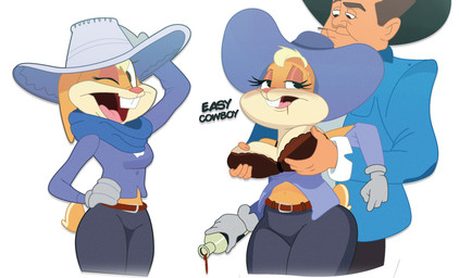 anthro anthro_focus blonde_hair bra breast_fondling breast_grab breast_play breasts buckteeth clothed clothing cowboy cowboy_hat dialogue drunk duo female female_focus female_on_human fondling fully_clothed gloves groping_from_behind hair hand_on_breast handwear hat headgear headwear human_on_anthro interspecies male male/female male_on_anthro one_eye_closed open_mouth open_smile orange_body simple_background smile substance_intoxication teeth text underwear white_background wink goz-o looney_tunes the_looney_tunes_show warner_brothers lola_bunny human lagomorph leporid mammal rabbit 2022 english_text hi_res