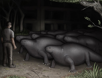 ambiguous_gender brown_hair building claws clothed clothing darkness earhole feral grey_body grey_scales group hair looking_at_another male night outside scales standing rad_man_(artist) cotylorhynchus human mammal prehistoric_species synapsid hi_res