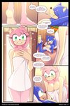 amy_rose anthro bandage barefoot bathroom bed bedroom bent_over biped black_border blue_body blue_fur border breasts classic_sonic_(universe) cleavage clothed clothing comic dialogue digital_media_(artwork) duo english_text eulipotyphlan eyes_closed feet female fur furniture green_eyes grin hedgehog hi_res imminent_sex inside looking_at_another lying male male/female mammal marik_azemus34 narrow_hips on_back on_bed open_mouth open_smile pillow pink_body pink_fur sega smile soles sonic_boom sonic_the_hedgehog sonic_the_hedgehog_(series) sparkles speech_bubble standing tan_body tan_skin text thick_thighs thin_calves thin_legs thin_thighs toes towel towel_only white_towel wide_hips wounded