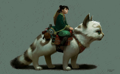 ambiguous_gender asian asian_conical_hat black_hair clothing duo female feral fur green_clothing green_eyes hair hair_bun hat headgear headwear quadruped riding saddle side_view simple_background tail whiskers jakob_eirich domestic_cat felid feline felis human mammal 2025 digital_media_(artwork)