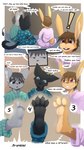 3_toes 4_toes 5_toes anthro black_body black_fur black_hair blue_eyes brown_body brown_fur brown_hair clothing dialogue fangs feet fur grey_body grey_fur group hair head_tilt male pajamas paws purple_eyes teeth text toes trio young young_anthro young_male dakkawoof bramble_(hitsunekun) dakka kamui_(hitsunekun) canid canine canis domestic_cat felid feline felis lagomorph leporid mammal rabbit wolf 2023 absurd_res english_text hi_res