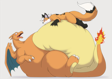 anthro belly belly_crush belly_on_ground belly_squish big_belly blush duo feral fire heart_symbol huge_belly hyper hyper_belly male morbidly_obese morbidly_obese_anthro obese obese_anthro overweight overweight_anthro size_difference squish mighty_creation shikizshigls mythology nintendo pokemon canid canine charizard dragon fox generation_1_pokemon lizard mammal mythological_creature mythological_scalie pokemon_(species) red_fox reptile scalie true_fox 2024 hi_res