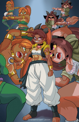 anthro dancing duo female female/female fusion_dance mtapartstuff dragon_ball citrine_(mtapartstuff) cyote joy_ravenhurst antelope bovid gazelle hybrid lagomorph leporid mammal rabbit digital_media_(artwork) hi_res