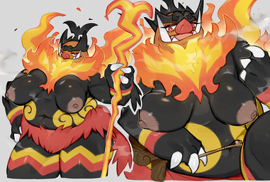 anthro areola belly big_breasts breasts eyelashes female female_anthro fire fur looking_at_viewer nipples nude orange_body overweight simple_background smoking_pipe solo tusks white_sclera mofuaki nintendo pokemon pokemon_legends_z-a generation_9_pokemon mammal mega_emboar mega_evolution pokemon_(species) suine 2026 hi_res