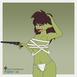 asian_clothing auburn_hair big_breasts breasts chest_wraps clothed clothing east_asian_clothing eyeshadow female fundoshi green_body green_skin gun hair handgun japanese_clothing lipstick long_hair makeup messy_hair narrowed_eyes navel nipple_slip one_eye_closed open_mouth purple_eyeshadow ranged_weapon red_lipstick revolver scratching_head sharp_teeth simple_background solo squint teeth tired trigger_discipline underwear underwear_only weapon wraps yawn zaraunitymasters sigrid_(zaraunitymasters) goblin humanoid 1:1 hi_res