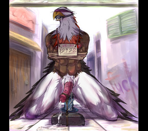 abs anal anal_penetration animal_genitalia anthro ball_gag balls bdsm biceps big_penis biped black_bars blindfold blush bodily_fluids bondage bound brick brown_body cock_and_ball_torture cum cum_drip cum_string day detailed_background dildo dildo_sitting dripping erection feathers gag genital_fluids genital_torture genitals humanoid_genitalia humanoid_penis kneeling leaking macro male muscular muscular_anthro muscular_male muscular_sub nipples non-mammal_balls nude object_in_ass outside pecs penetration penis pexposed precum rope sensory_deprivation sex_toy sex_toy_in_ass sex_toy_insertion sheath sign slave solo street submissive submissive_male text vein white_body matu_petu accipitrid accipitriform avian bald_eagle bird eagle sea_eagle pillarbox