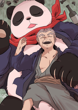 anthro asian_clothing bottle clothing container cuddling drunk duo east_asian_clothing elderly_male haori japanese_clothing male scarf sleeping substance_intoxication shirokumaou bandai_namco digimon digimon_beatbreak sasatake digimon_(species) human mammal pandamon hi_res