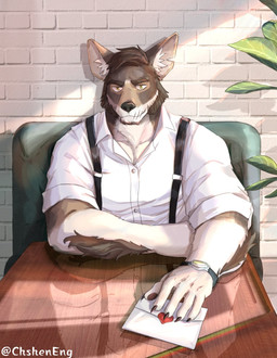 anthro arm_tuft bench black_nose brown_body brown_eyes brown_fur clock clothing countershade_face countershade_torso countershading ear_tuft envelope facial_hair fur furniture goatee hair looking_at_viewer male plant reflection shirt sideburns sitting solo table tan_body tan_countershading tan_fur text tile tile_wall topwear tuft wall_(structure) watch whiskers white_clothing white_shirt white_topwear chsheneng echo_(series) echo_project the_smoke_room william_adler canid canine canis coyote mammal 2022 artist_name colored hi_res