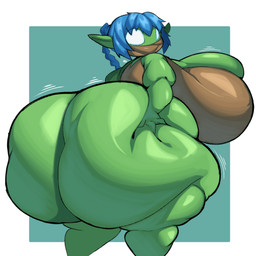 big_breasts big_butt blue_background blue_hair border breasts brown_clothing brown_shirt brown_topwear butt butt_grab butt_squish clothing female green_body green_ears hair hand_on_butt hand_on_own_butt huge_breasts huge_butt humanoid_pointy_ears hyper hyper_breasts hyper_butt looking_back mask motion_lines no_pupils not_furry pointy_ears ponytail rear_view shirt simple_background solo squish thick_thighs tight_clothing topwear white_border white_eyes lightmizano activision skylanders stealth_elf_(skylanders) elf humanoid 1:1 2026 colored digital_media_(artwork) hi_res shaded signature