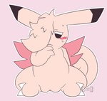 blush bodily_fluids claws embarrassed female genitals hair hair_over_eye hand_on_chest looking_at_viewer one_eye_obstructed pink_body pussy sitting solo sweat sweatdrop tail wings chikidoodlez nintendo pokemon clair_the_clefable clefable generation_1_pokemon pokemon_(species)