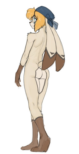 anthro blonde_hair brown_body brown_fur clothing female fur hair hat headgear headwear markings nude solo standing white_body white_fur hush_button derby_(mrbuttonboi) lagomorph leporid mammal rabbit