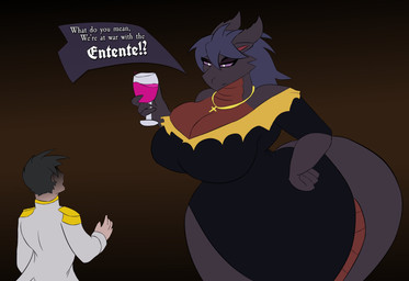 alcohol anthro beverage big_breasts bottomwear breasts central_powers clothing container cross cross_necklace cup dialogue drinking_glass duo ears_back eyebrows eyelashes female glass glass_container glass_cup hair horn human_on_anthro interspecies jewelry male necklace pivoted_ears purple_eyes skirt speech_bubble tail text wine wine_glass world_war_1 gorgonwriting mythology dragon human mammal mythological_creature mythological_scalie scalie absurd_res hi_res