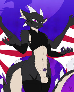 animal_genitalia anthro armwear balls belly black_body clothing crop_top evil_grin femboy fur genitals grey_body grey_fur horn humanoid_hands imperial_japanese_flag legwear male midriff navel penis purple_eyes purple_penis sheath shirt smile smug_grin solo tail tan_balls tan_belly thick_thighs thigh_highs topwear white_body white_fur wings cutefckngbunny mythology jiekyu_ryuushinzou dragon furred_dragon furred_scalie mythological_creature mythological_scalie scalie 4:5 absurd_res english_description hi_res