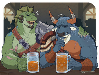 2_horns 5_fingers alcohol anthro arm_scar arm_tattoo armor beer beer_mug beverage blue_body bracers chest_scar chin_spikes duo eyes_closed facial_spikes fingers frill_(anatomy) green_body green_scales hand_on_shoulder harness harness_ring head_crest head_frill holding_glass holding_object horn horn_jewelry horn_ring inside jaw_spikes jewelry laugh male muscular muscular_anthro muscular_male open_mouth pauldron pecs reluctant ring_(jewelry) scales scar shadow shoulder_tattoo spikes spikes_(anatomy) tattoo tavern text kitnkamoodle dungeons_and_dragons european_mythology greek_mythology hasbro mythology wizards_of_the_coast erenok_(kilyion) tamarack_(kingfishercreek) bovid bovine lizardfolk_(dnd) lizardman mammal minotaur scalie 2024 digital_media_(artwork) english_text