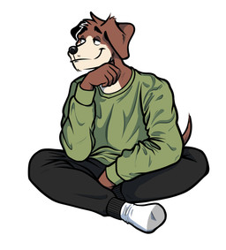 5_fingers anthro bottomwear brown_body brown_fur clothing crossed_legs fingers floppy_ears footwear fur male pants sitting sitting_on_ground socks solo sweater sweatpants tail topwear blueovenmitts canid canine mammal hi_res line_art
