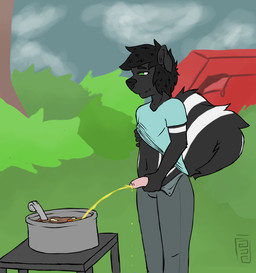 anthro black_body black_fur bodily_fluids camping clothed clothing clothing_lift exhibitionism food food_fetish food_play foreskin fur genital_fluids genitals green_eyes humanoid_genitalia humanoid_penis male navel omorashi peeing peeing_on_food penis shirt shirt_lift solo soup stew the_secret_ingredient_is_pee topwear unretracted_foreskin urine urine_on_food urine_stream watersports sweetcreamtea jillie_(sweetcreamtea) mammal mephitid skunk hi_res