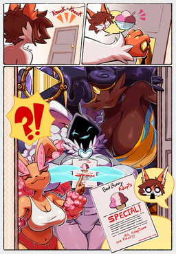 anthro big_breasts breasts claws dessert female food group huge_breasts ice_cream male male/female shortstack smile smiling_at_viewer surprised tall iefcuadricula nintendo pokemon aisha_za_warudo_(genozawarudo) geno_za_warudo ha-re_za_warudo_(genozawarudo) trishula_za_warudo_(genozawarudo) generation_4_pokemon generation_5_pokemon legendary_pokemon lopunny pokemon_(species) shiny_pokemon victini absurd_res comic hi_res adopted_(lore) adopted_daughter_(lore)