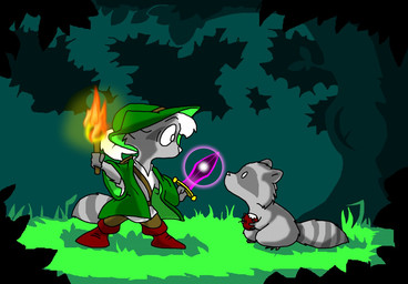 ambiguous_gender anthro apple boots bycocket clothing confusion dual_wielding duo eating facial_markings fantasy_weapon feral food footwear forest forest_background fruit fur green_clothing green_hat green_headwear green_jacket green_topwear grey_body grey_fur hair hat head_markings headgear headwear holding_object holding_weapon jacket male markings mask_(marking) melee_weapon nature nature_background plant red_boots red_clothing red_footwear shirt shoes size_difference standing sword topwear torch tree tunic weapon white_hair rhjunior questorverse tales_of_the_questor wildcard_(totq) quentyn_(totq) fantasy_creature mammal procyonid rac_conan_daimh raccoon