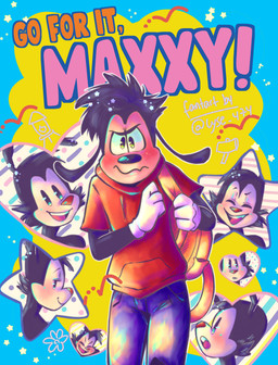 anthro backpack blush blushing_profusely clothed clothing duo eyes_closed flower gloves handwear happy heart_symbol male male/male nervous parody plant smile star lyse_474 animaniacs disney go_for_it_nakamura goof_troop warner_brothers max_goof yakko_warner canid canine canis domestic_dog inkblot mammal absurd_res hi_res