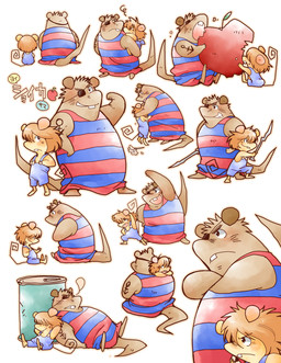 anthro apple blush brown_body clothing duo eating eye_patch eyewear food fruit hug male multiple_poses plant pose shirt sitting tattoo text topwear weapon hiro_(pixiv) gamba_no_bouken gamba_no_bouken_(series) ikasama yoisho mammal mouse murid murine rodent 2015 hi_res japanese_text