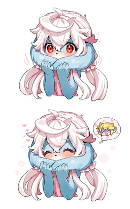 ahoge anthro bangs big_ears blonde_hair blue_body blue_fur blush chibi clothed clothing duo eyes_closed female female_focus flustered fur grabbing_both_ears hair happy heart_symbol kemono male red_eyes simple_background sleeveless_clothing solo_focus thought_bubble white_background white_hair yadayada domestic_cat felid feline felis mammal scalie hi_res