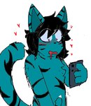 anthro black_hair black_markings blue_body blue_eyes blue_fur blush blush_lines bodily_fluids drooling electronics fur genital_fluids genitals hair heart_eyes heart_symbol holding_object holding_phone male markings penis phone precum red_mouth saliva simple_background solo tribal tribal_markings white_background snubcube theiron_(snubcube) felid feline mammal