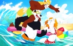 3_toes anthro barefoot beach claws clothing cloud feet female group male outside seaside sky swimwear tail toes water super-tuler tairu tavi ailurid bear canid canine canis giant_panda mammal red_panda wolf hi_res