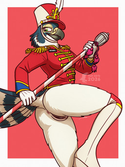 anthro anus baton beak beak_closed bottomless bottomless_female breasts butt clothed clothing epaulet feathers female formal_wear genitals gloves handwear hat headgear headwear marching_band_uniform mouth_closed non-mammal_breasts non-mammal_vulva one_leg_up plantigrade pose presenting presenting_hindquarters raised_leg raised_tail solo tail tail_feathers vulva fish_birb katie_(fish_birb) avian bird falcon falconid peregrine_falcon absurd_res hi_res pinup