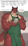 5_fingers anthro apron apron_only areola balls_outline big_muscles big_pecs biped bulge clothing container countershade_face countershade_tail countershade_torso countershading cup detailed_bulge dialogue_box dual_holding ellipsis fingers genital_outline glistening glistening_areola glistening_arms glistening_body glistening_legs glistening_pecs glistening_skin green_apron green_clothing holding_container holding_cup holding_glass holding_object holding_pen holding_writing_utensil left-handed male mostly_nude muscular muscular_anthro muscular_male muscular_thighs nipple_slip nipples number pecs pen penis_outline questioning_ellipsis red_body red_skin red_tail repeated_text solo speech_bubble tail text time timestamp vein veiny_muscles writing_utensil disiwjd i_mean_breast_milk mythology starbucks dragon mythological_creature mythological_scalie scalie wingless_dragon 2021 digital_media_(artwork) english_text hi_res meme