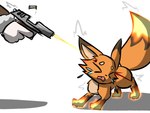 4:3 blood bodily_fluids canid canine crying death fatal fatal_wound female feral fire fox foxparks gore gun head_injury head_shot hi_res killing mammal pal_(species) palworld pocketpair ranged_weapon shaking shivering shot_in_head snuff tears weapon yuumisocute