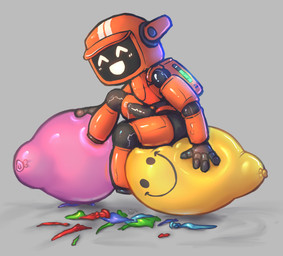 anthro balloon balloon_popping battery battery_life biped bodily_fluids bubble cum cum_bubble cum_on_ground excited genital_fluids genitals inflatable machine male multiple_balloons on_balloon penis popped_balloon print_balloon robot_penis simple_background sitting smiley_balloon smiley_face solo stomping usb_port badipoki k-vrc robot absurd_res hi_res
