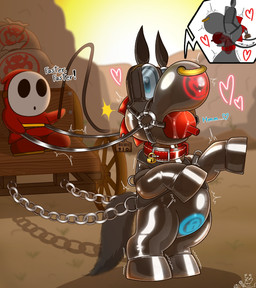 bdsm blinders bodily_fluids bondage_gear bondage_gloves boots bound bridle captured chain chained clothing cock_gag collar deepthroat_gag deepthroat_pony_gag desert dildo_in_mouth dildo_mask eyewear facial_piercing footwear gag halter handwear harness harness_gag hoof_boots hoof_gloves latex lock lock_symbol male nose_piercing nose_ring oral oral_penetration orgasm_denial padlock padlocked_collar penetration petplay piercing ponyplay ring_piercing roleplay saliva sex_toy sex_toy_in_mouth sex_toy_insertion shoes slave submissive submissive_male vehicle wagon whip wilderness mario_bros nintendo shyguy yoshi hi_res