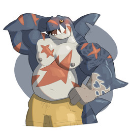 anthro black_sclera blush bottomwear brown_markings clothing dorsal_fin elbow_fin fangs fin grey_body hand_behind_head male markings muscular muscular_anthro muscular_male nipples non-mammal_nipples notched_fin pecs shadow sharp_teeth shorts simple_background solo teeth white_background yellow_bottomwear yellow_clothing yellow_eyes yellow_shorts ruguard nelson_(same22shark) aquatic fish shark absurd_res digital_media_(artwork) hi_res portrait three-quarter_portrait
