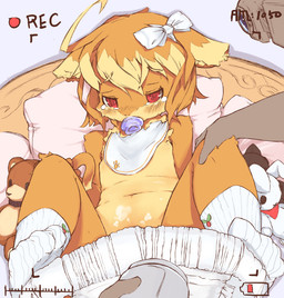 accessory anthro bangs bib blush bodily_fluids bow_(feature) bow_accessory bow_ribbon clothing diaper diaper_change duo hair hair_accessory hair_between_eyes hair_bow hair_ribbon male nipples open_diaper pacifier red_eyes ribbons tears young young_anthro visark canid canine fox mammal