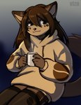 anthro beverage biped black_clothing black_legwear brown_hair clothing coffee ear_piercing female fur hair holding_beverage holding_coffee_mug holding_object hoodie hot_beverage legwear long_hair looking_at_viewer piercing sitting solo tail tan_body tan_clothing tan_fur tan_hoodie tan_topwear text topwear vtza mammal 2022 artist_name digital_media_(artwork) hi_res shaded