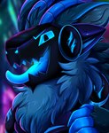 anthro blue_body blue_fur fur iridescent iridescent_body iridescent_horn iridescent_tongue machine male multicolored_body multicolored_fur open_mouth protogen_visor solo tongue tongue_out pridark protogen 2022 bust_portrait hi_res portrait