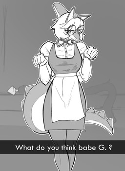 5_fingers anthro bedroom big_tail blush blush_lines bone_frill bow_ribbon caption clothing cosplay dress eyewear fake_ears female fingers frill_(anatomy) glasses hair long_tail maid_uniform outline round_glasses short_hair smile snout solo spiked_tail spikes spikes_(anatomy) tail text uniform chervyarts cavemanon_studios snoot_game melissa_(snoot_game) dinosaur hadrosaurid ornithischian ornithopod parasaurolophus prehistoric_species reptile scalie 2025 digital_drawing_(artwork) digital_media_(artwork) english_text greyscale hi_res monochrome