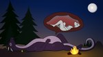 abdominal_bulge ambiguous_gender anthro braided_hair campfire duo endosoma female hair male male/female night safe_vore sleeping vore willing_pred willing_prey dephacious mythology canid canine canis dragon mammal mythological_creature mythological_scalie scalie wingless_dragon wolf 16:9 2d_animation animated animated_png hi_res motion_tweening short_playtime widescreen female_(lore) male_(lore)