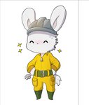anthro anthrofied armor belt blush bodily_fluids boots chibi clothing construction_worker_(evil_genius) coveralls evil_genius eyes_closed footwear fur hands_on_hips hard_hat headgear helmet hi_res holding_object jumpsuit lagomorph leporid male mammal mouthless rabbit ripy simple_background solo sparkles sparkling_character sweat tools white_background white_body white_fur wrench yellow_clothing