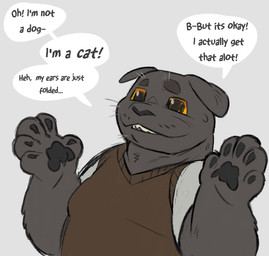 anthro big_pupils bodily_fluids cat_smile clothing eyebrows floppy_ears fur grey_body grey_fur male pawpads pupils shirt simple_background slightly_chubby smile solo speech_bubble sweat sweatdrop sweater sweater_vest text thick_eyebrows topwear vest whiskers cabbitdork tony_(cabbitdork) felid feline mammal digital_drawing_(artwork) digital_media_(artwork) english_text hi_res