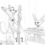 bowed_string_instrument double_bass duo keyboard_instrument male musical_instrument piano string_instrument w4g4 disney zootopia finnick_(zootopia) jazz nick_wilde canid canine fennec_fox fox mammal red_fox true_fox 1:1 greyscale monochrome