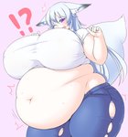 5_fingers ?! belly belly_expansion belly_overhang belly_rolls big_belly big_breasts big_butt blush bottomwear breasts butt clothed clothing curvy_figure deep_navel expansion eyelashes fat_rolls female fingers fluffy fluffy_tail fur hair hanging_belly huge_breasts humanoid_hands inner_ear_fluff light_body light_skin long_hair love_handles monotone_hair navel nipple_outline open_mouth overweight overweight_female overweight_humanoid pants pink_background purple_eyes simple_background slightly_chubby slightly_chubby_female solo standing surprise tail thick_thighs thigh_expansion tight_clothing torn_bottomwear torn_clothing torn_pants tuft weight_gain white_body white_fur white_hair wide_hips futon_(artist) hakusen animal_humanoid canid canid_humanoid canine canine_humanoid fox_humanoid humanoid mammal mammal_humanoid hi_res