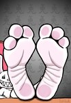 3_toes anthro big_feet chair desk feet foot_fetish foot_focus foot_on_table furniture humanoid_feet looking_at_viewer male pawpads pink_pawpads plantigrade sharp_teeth simple_background smile soles solo table teeth text toes bettrdoodle sam_and_max max_(sam_and_max) lagomorph leporid mammal rabbit chinese_text hi_res signature translated