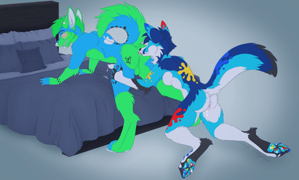 anal animal_genitalia animal_penis anthro anus balls bed blue_body bodily_fluids breasts butt canine_genitalia canine_penis cum duo ejaculation eyes_closed female female_rimming female_rimming_male furniture genital_fluids genitals green_body knot licking male male/female on_bed oral pawpads penis pillow precum presenting raised_tail rimming rimming_male sex sparklefur tail tongue tongue_out vaginal_fluids vulva bluefoxalope jayjay_idingo splat_fennec canid canine canis dingo fennec_fox fox mammal true_fox hi_res
