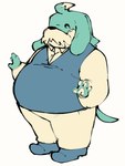 anthro belly clothing eyes_closed facial_hair floppy_ears fur male mature_male mustache overweight smile solo standing teal_body teal_fur topwear vest killer_outlet sega sonic_the_hedgehog_(series) the_murder_of_sonic_the_hedgehog conductor_(sonic) canid canine canis domestic_dog mammal hi_res