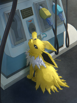ambiguous_gender black_eyes feral fur gas_station looking_at_viewer multicolored_body multicolored_fur question_mark solo white_body white_fur yellow_body yellow_fur hisuizorua25 nintendo pokemon eeveelution generation_1_pokemon jolteon pokemon_(species) 2026 3:4 hi_res