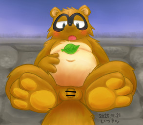 anthro balls belly black_nose blush brown_body brown_fur feet flaccid foreskin fur genitals kemono leaf male navel open_mouth paws penis slightly_chubby small_penis solo unretracted_foreskin ton_wsb pocky_and_rocky square_enix taito rocky_(pocky_and_rocky) canid canine mammal raccoon_dog tanuki 2025 censored hi_res